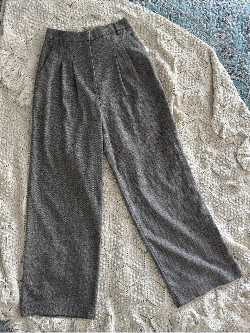 H&M Gray High-Rise Wide-Leg Pleated Trousers